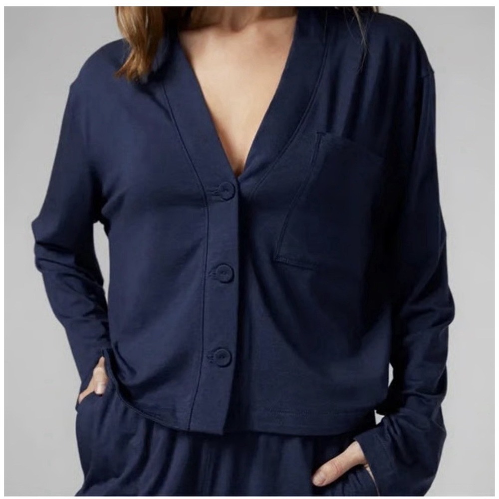 Lunya Slumberknit Top Depp Blue Button Front Cropped Organic Cotton Top XL
